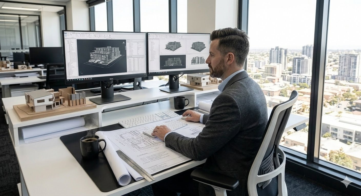 NAS Group principal reviewing architectural drawings and a building model