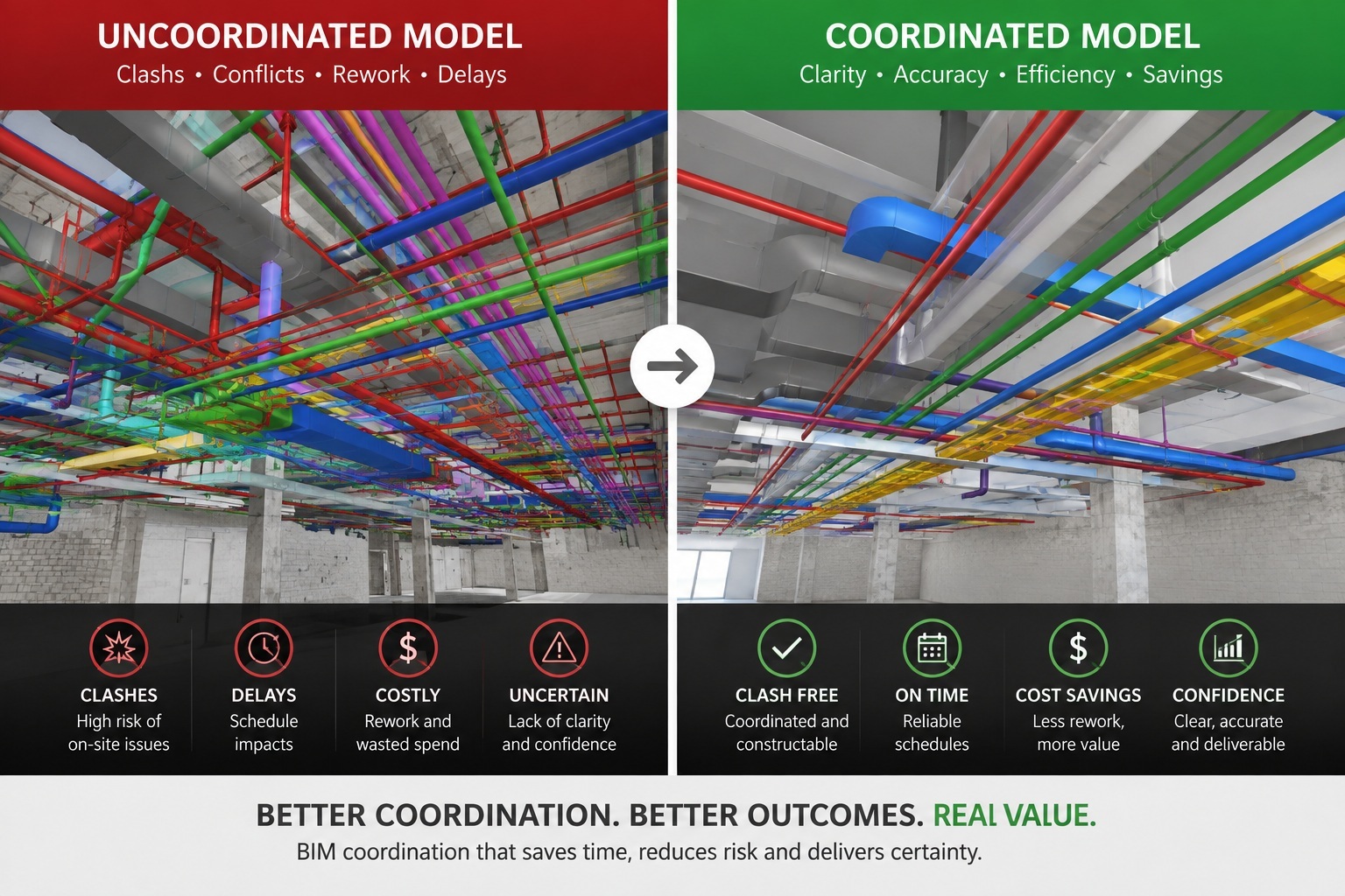 Uncoordinated model versus coordinated model — clash-free BIM coordination by NAS Group